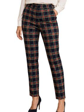 Talbots Preppy Tartan Plaid Ankle Pants Bow Hem Wool Navy Green Lined 10